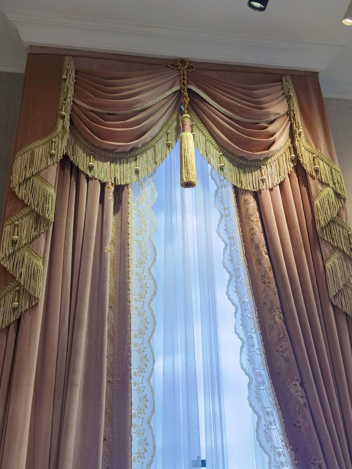 luxury European Embroidery valance pink lace bedroom Velvet curtain tulle M1776