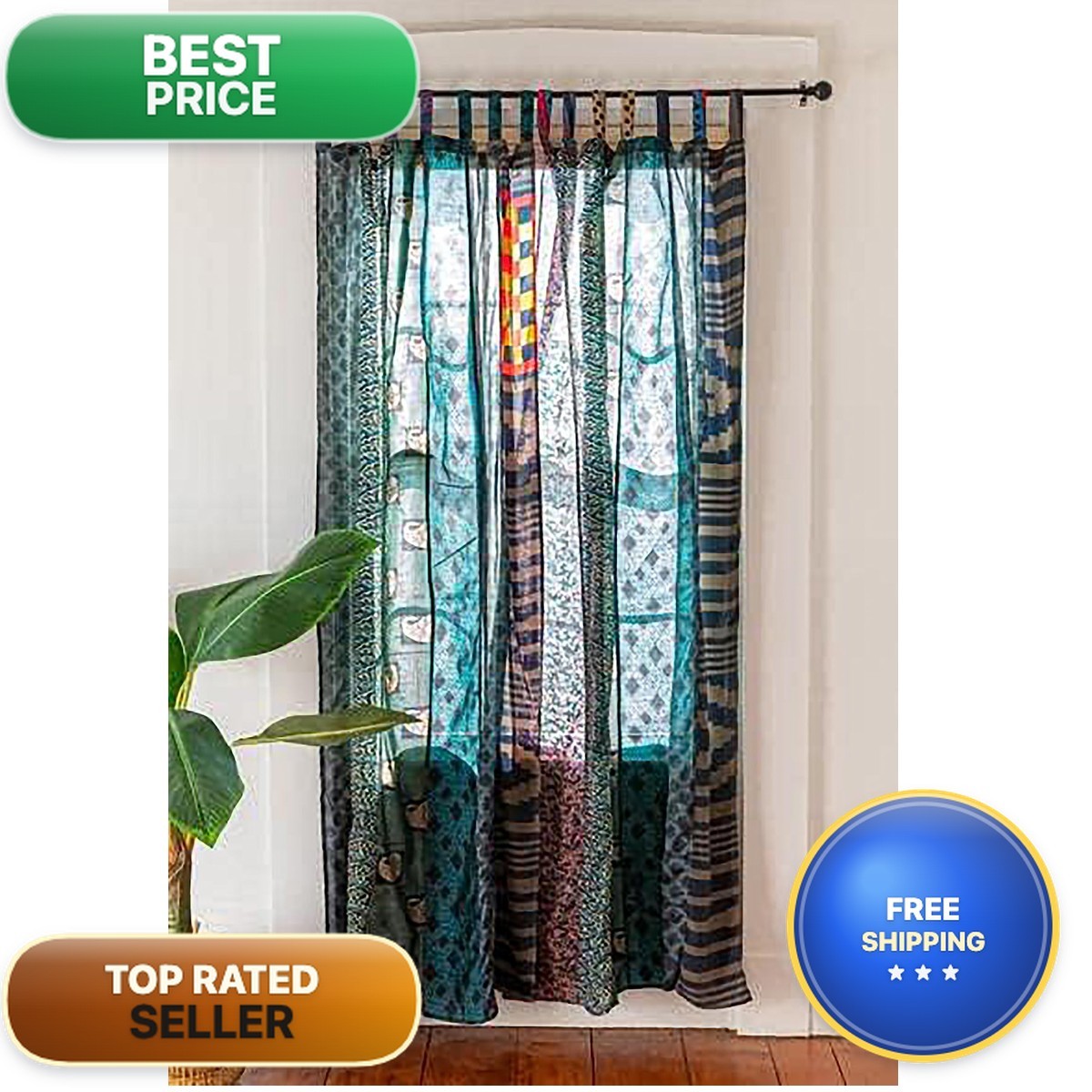 Generic Indian Silk Patchwork Sari Bohemian Gypsy Curtains Blue Ech-98
