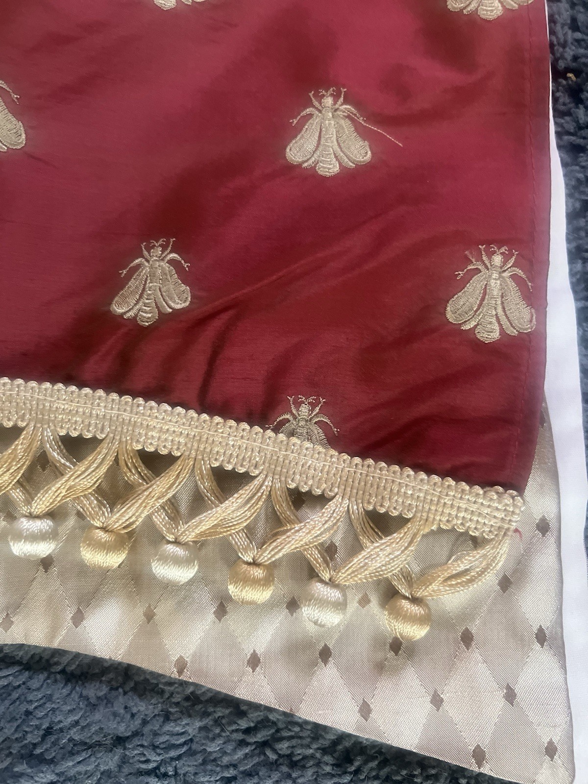 Pair Pure Silk Empire Valances Embroidered Gold Bees Scalloped Fringe 52 X 16