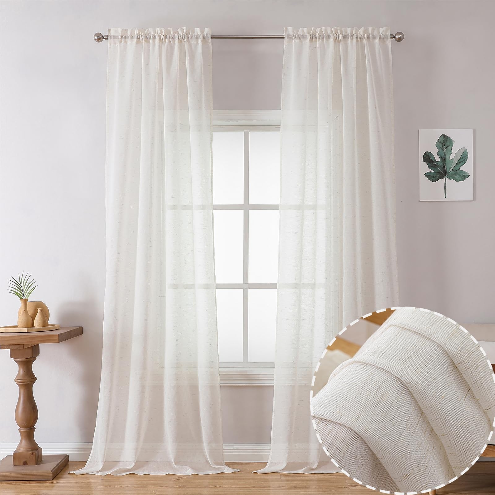 Sheer Curtains 2 Panels, 40×96 Inches, Bedroom Living Room, White