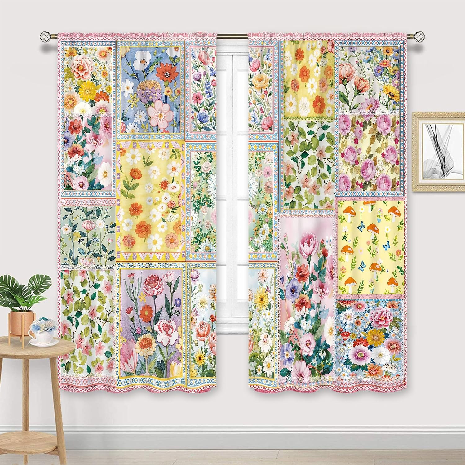 Pink Floral Patchwork Curtains 42Wx63H Inch Rod Pocket Vintage Country Bohemian