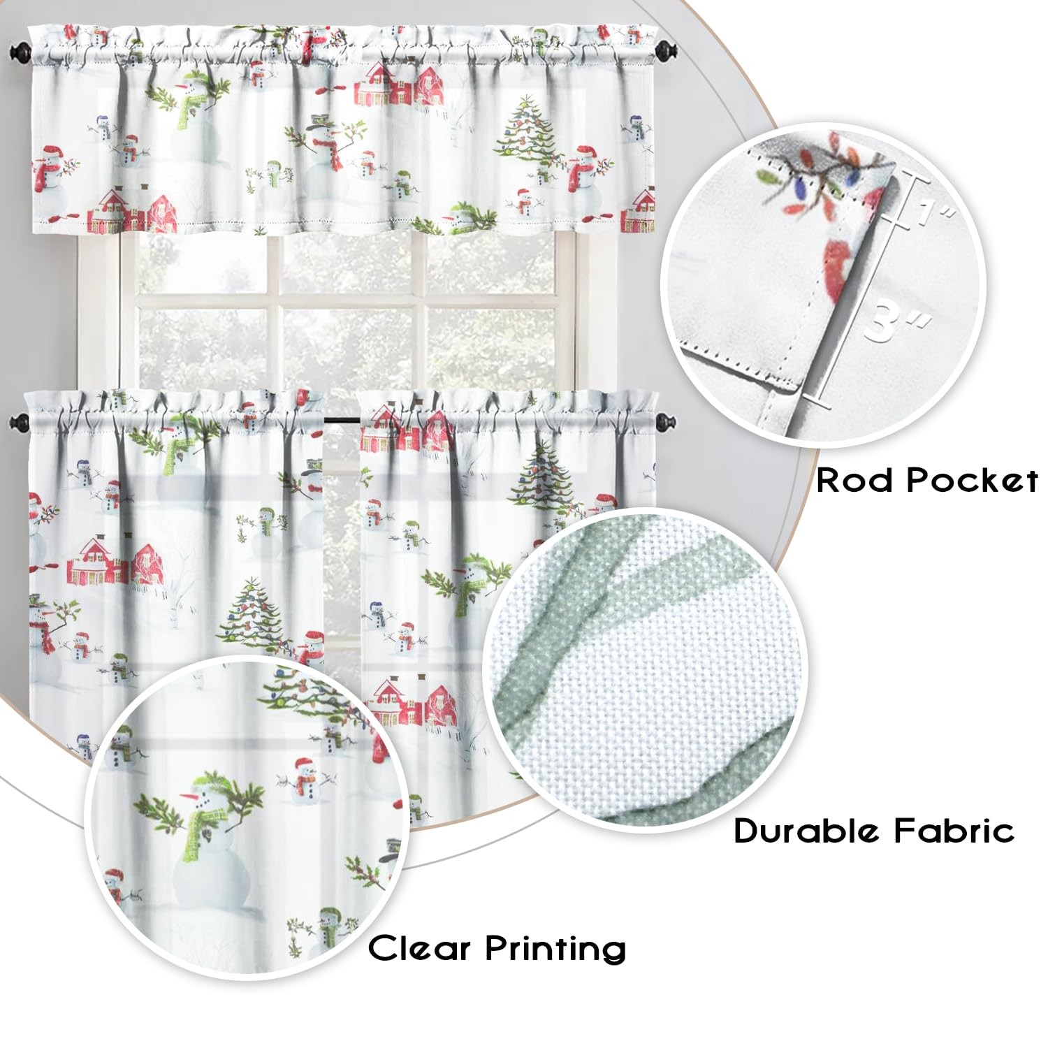 Winter Kitchen Curtains Valances 3 Piece Set, Christmas Snowman Xmas Tree Rod…
