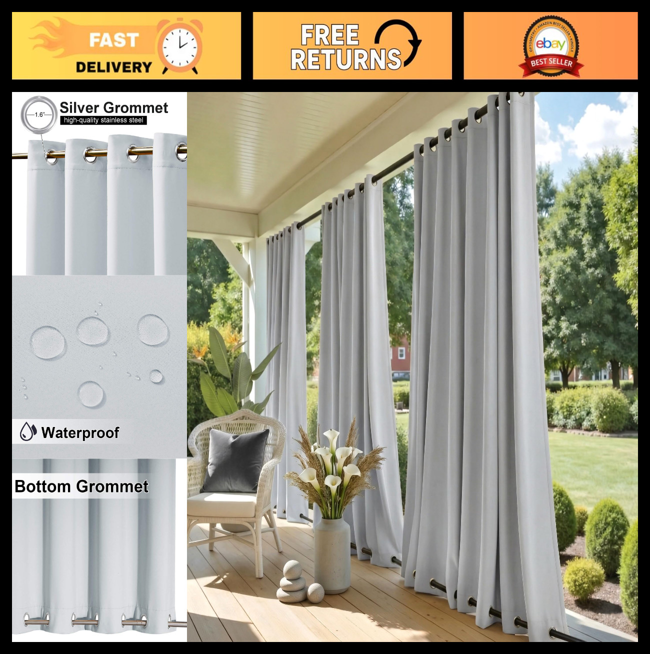 Waterproof Outdoor Curtain, Thermal Insulated Grommets, Room Darkening Drapes, W