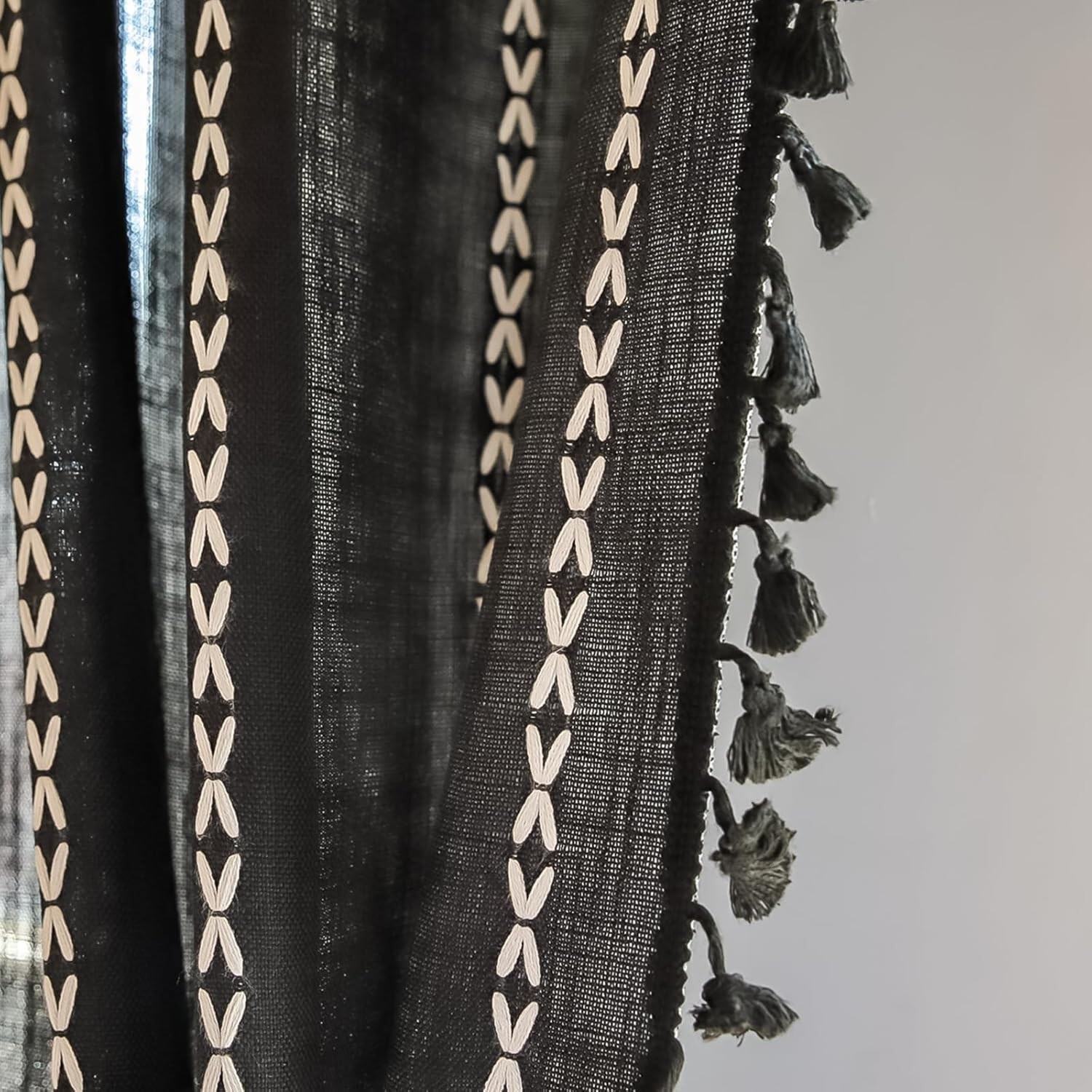 Rustic Striped Embroidered Curtain Window Drapes Panel Farmhouse Boho Home Decor