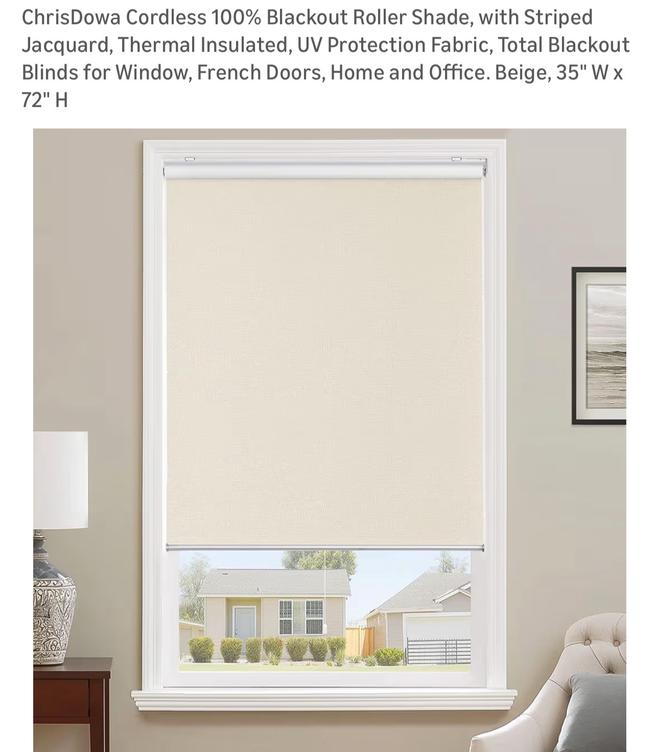 ChrisDowa Cordless Free-Stop 100% Blackout Blinds for Windows, 35”W x 72”L