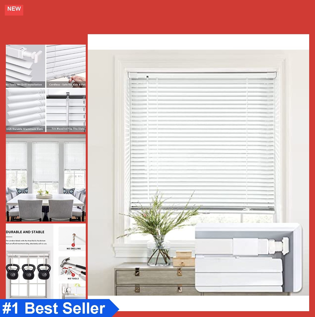 Cordless Aluminum Mini Blinds 35×36 Inch White No Drill Inside Mount Corded