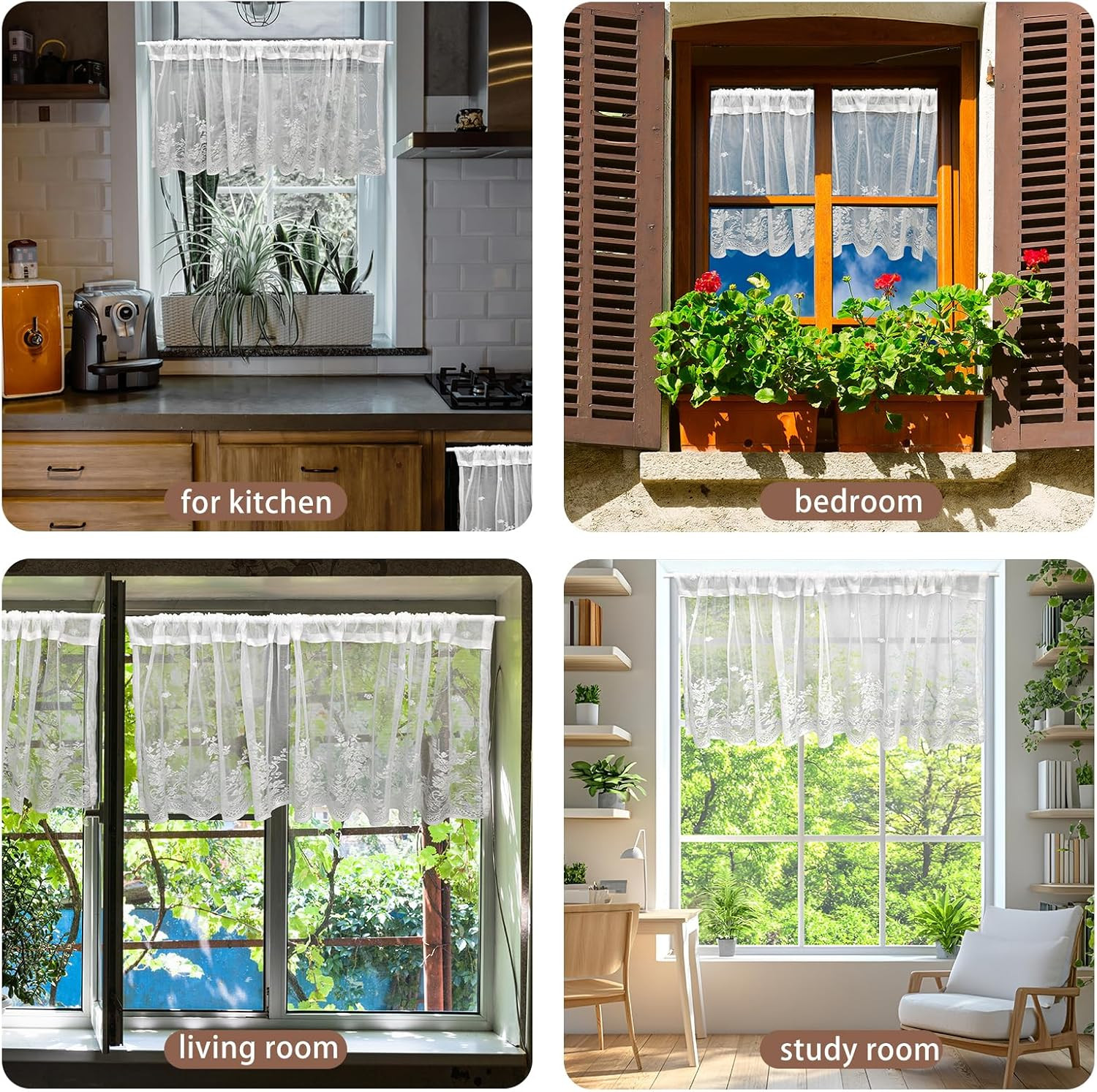 White Lace Window Valance – 59″X23.6″ Floral Semi-Sheer Curtain with Rod Pocket