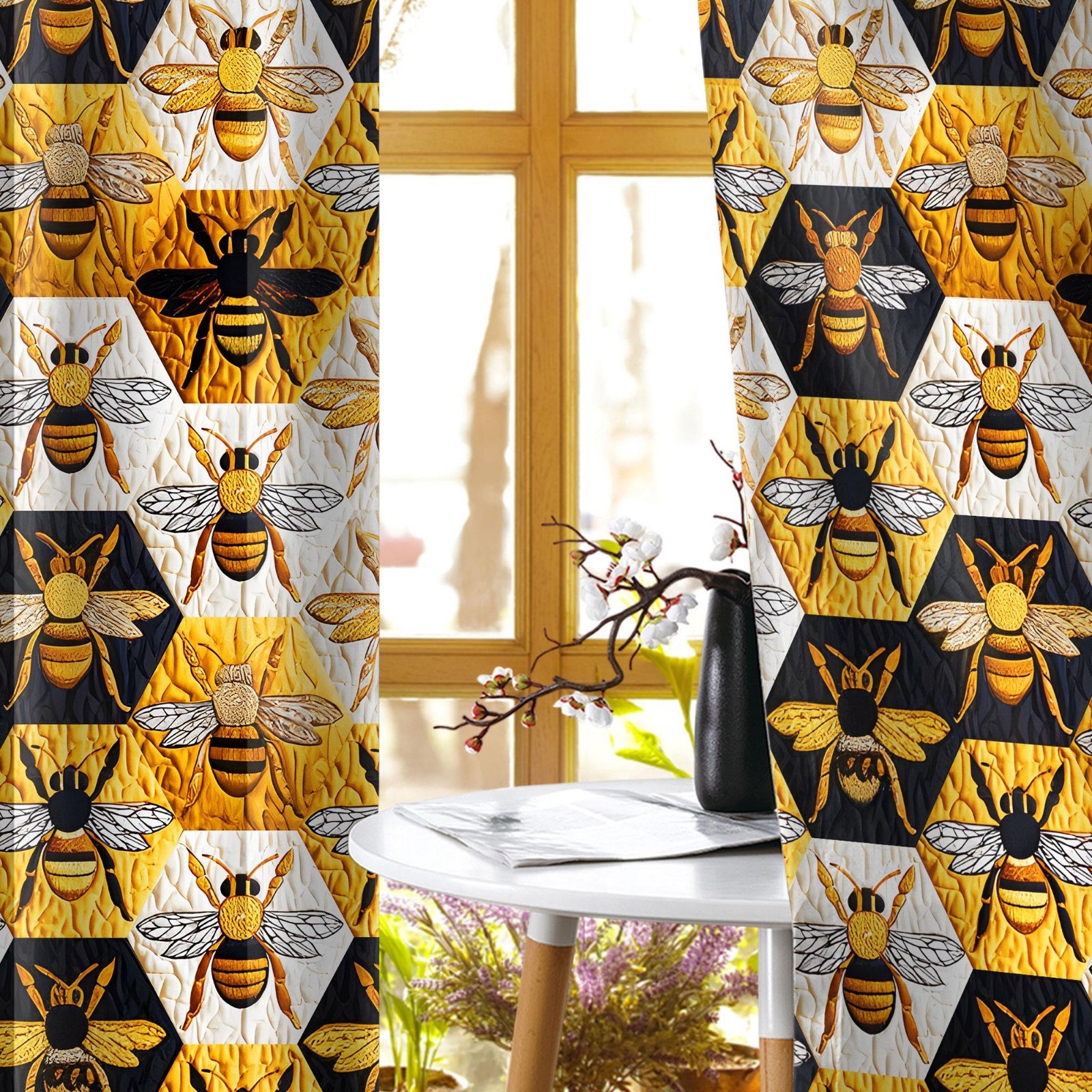 Honey Bee Art Curtains, Honeycomb Window Drapes Rustic Farmhouse Kitchen Decor