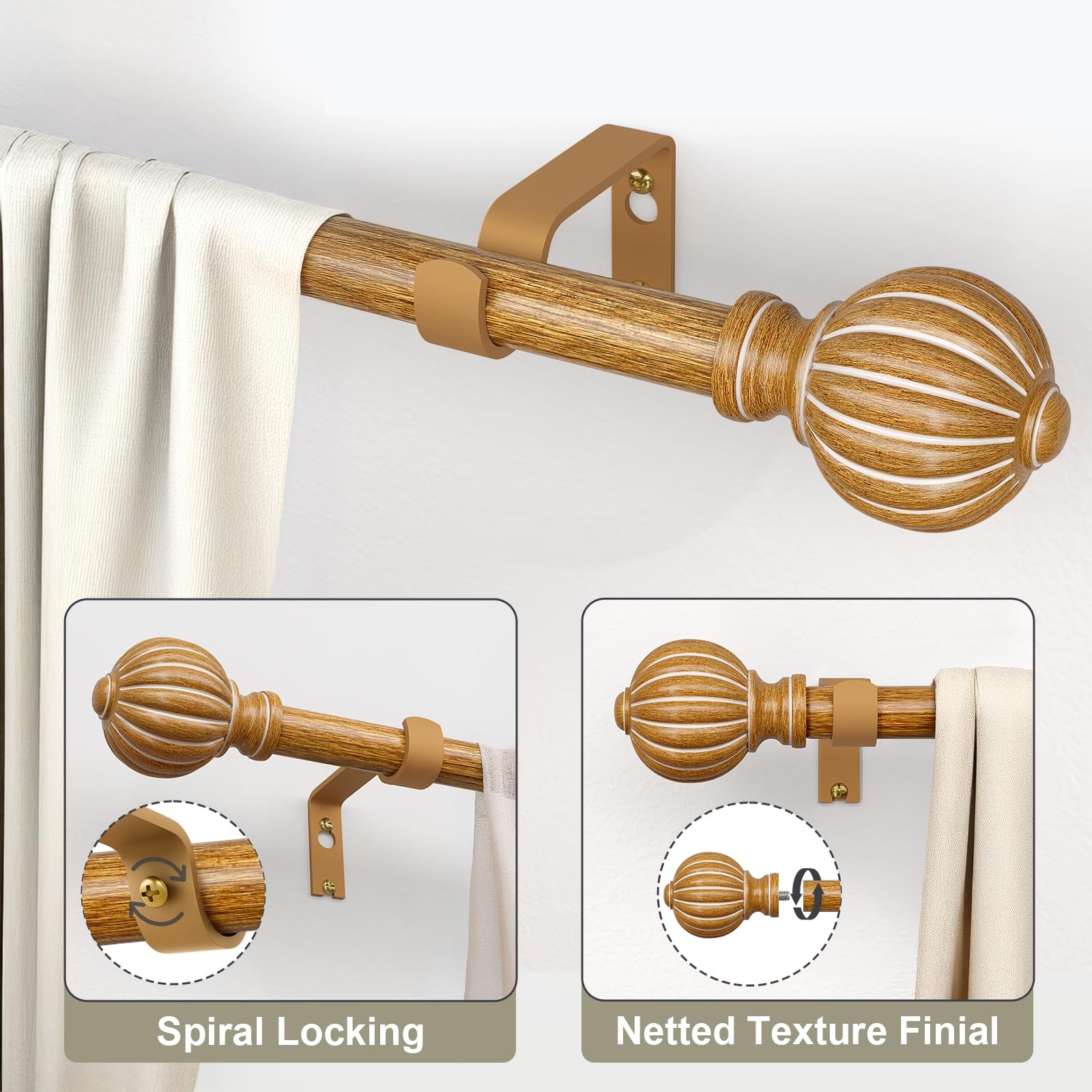 Imitation Wood Curtain Rods for Windows 48 to 84 Inch, 1 Inch Adjustable Heav…