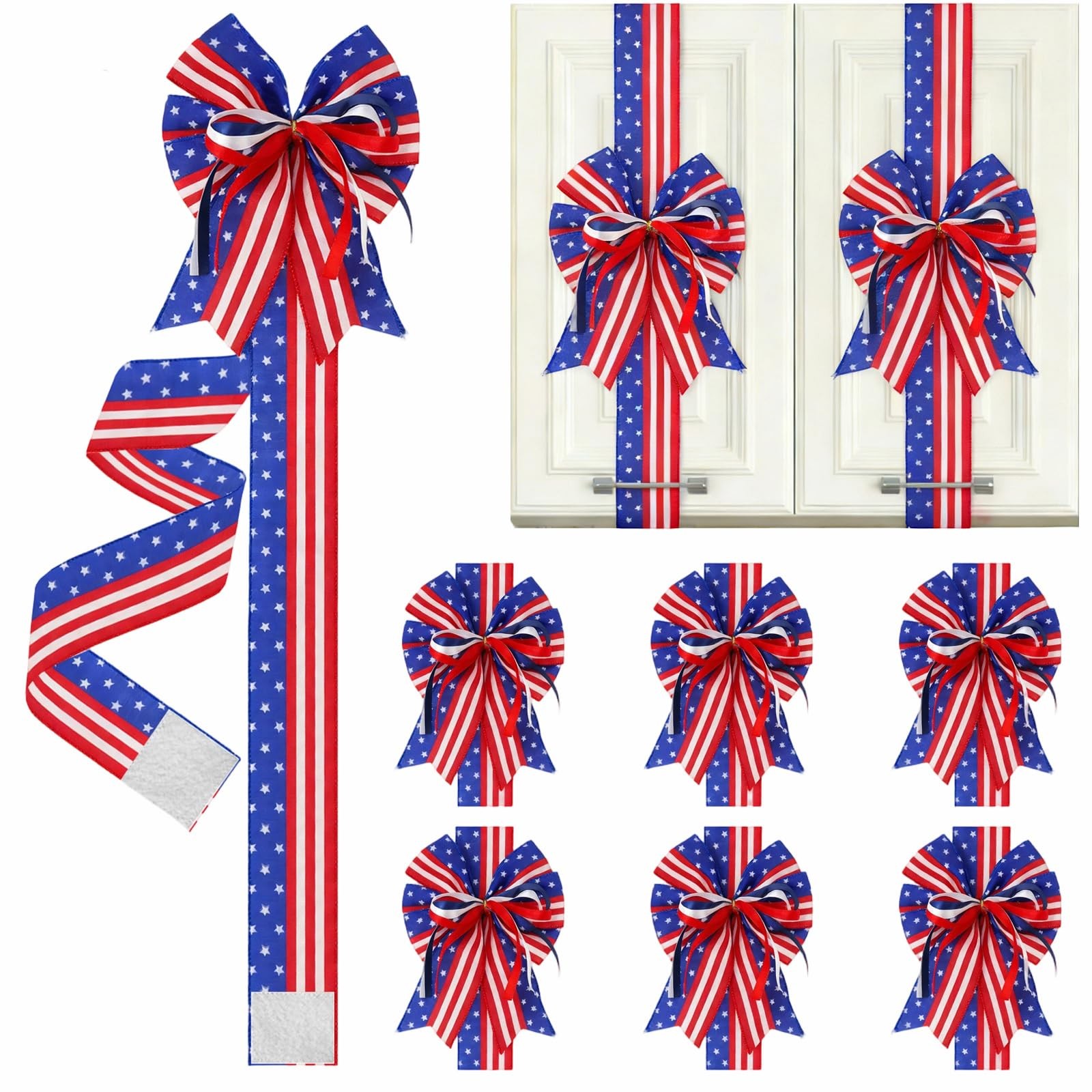 6 PCS 4th Of July Star Striped Print Ribbon Cabinet Bows Reusable Multicolor