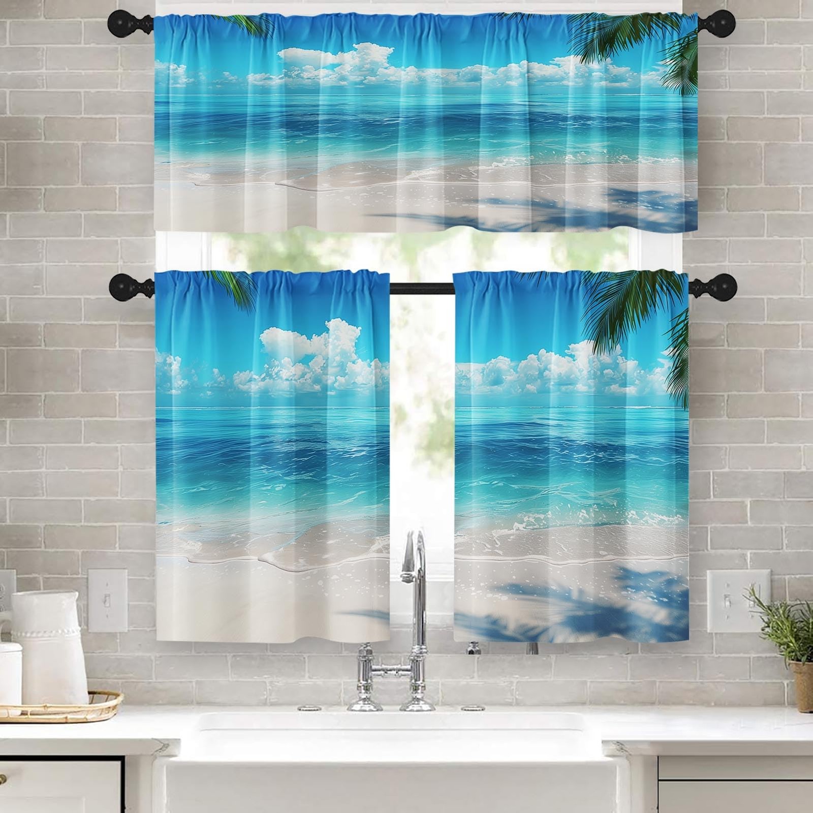 Beach Kitchen Curtains Tropical Palm Window Curtains Valance And Tier Set 36 Inc