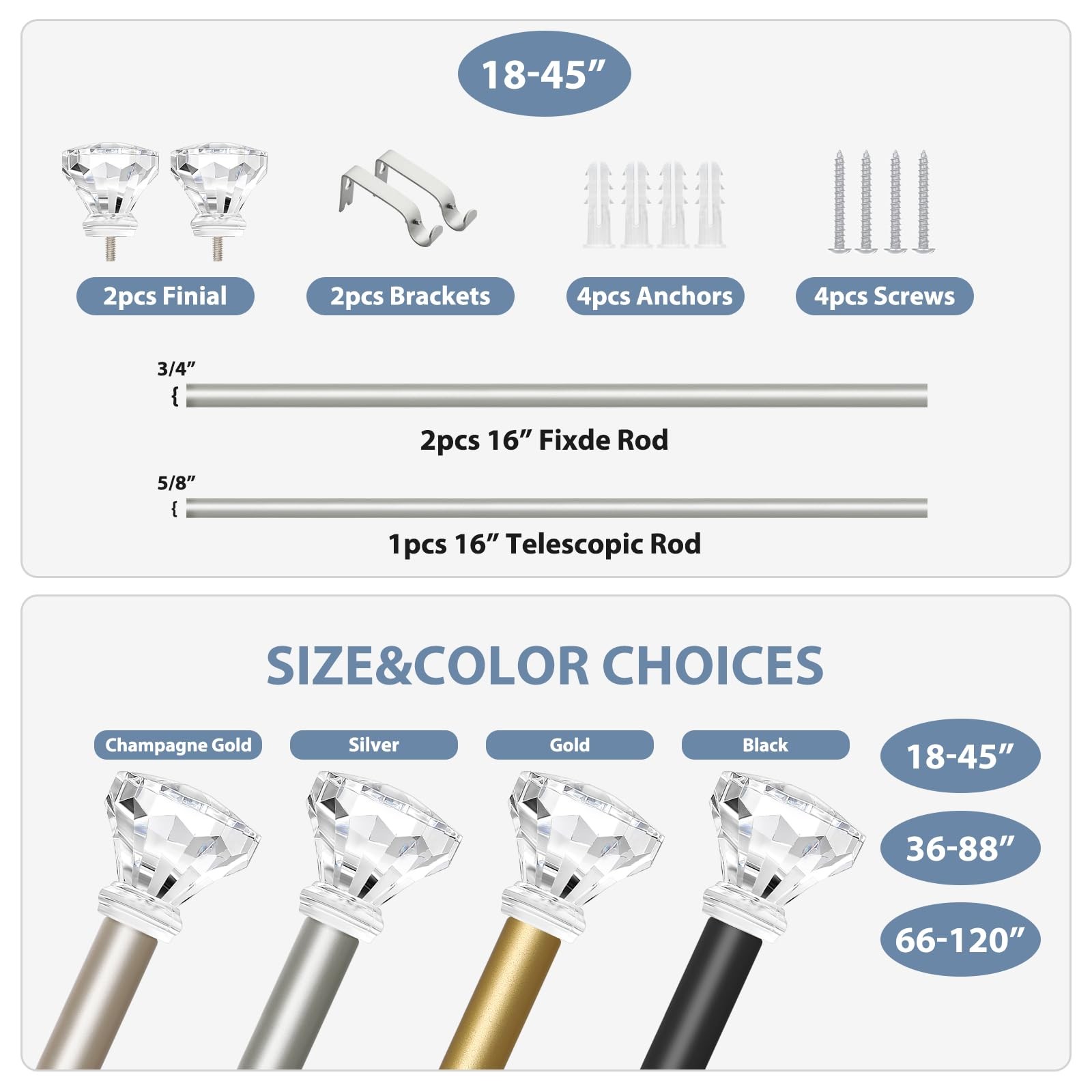 Silver Decorative Crystal Curtain Rods 18 to 45 InchHeavy Duty Adjustable Win…