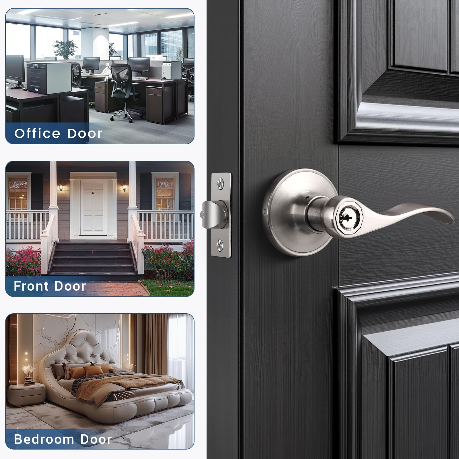 Knobonly 2 Pack Keyed Bathroom/Bedroom Door Lock Satin Nickel Front Door Handle