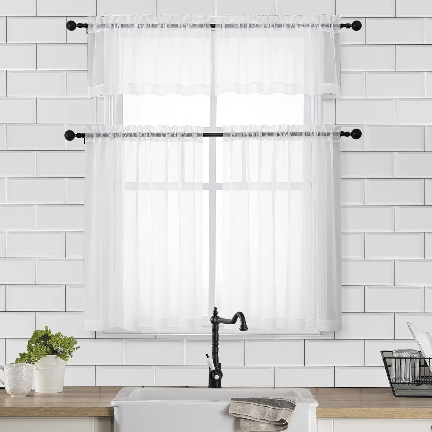 Sheer Curtains 30 inch Length 2 Panels, Light 42″W x 30″L (Pack of 2) White