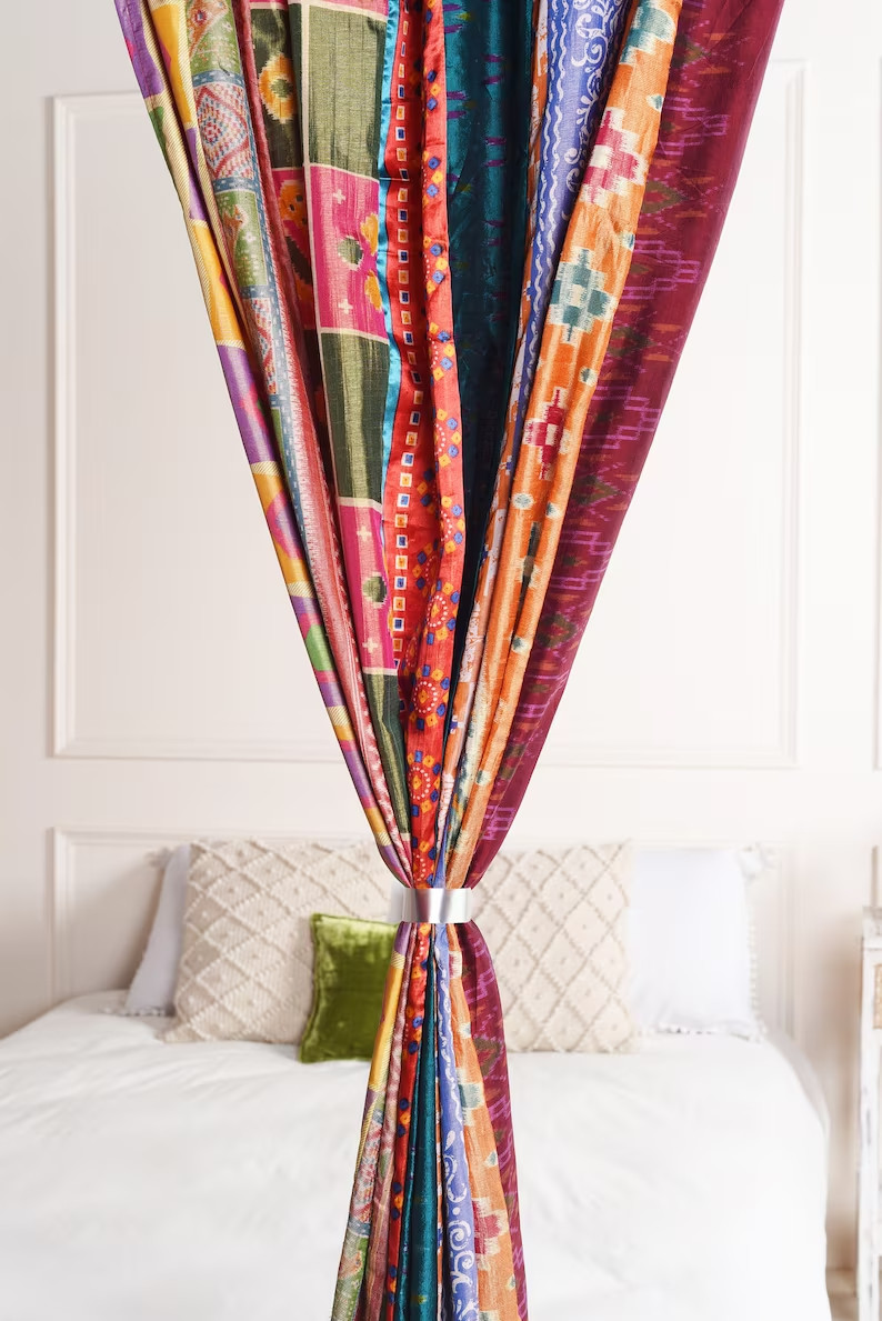 2 Pcs Indian Sari Patchwork Curtain Drape Window Decor Multi Silk Sari Curtain