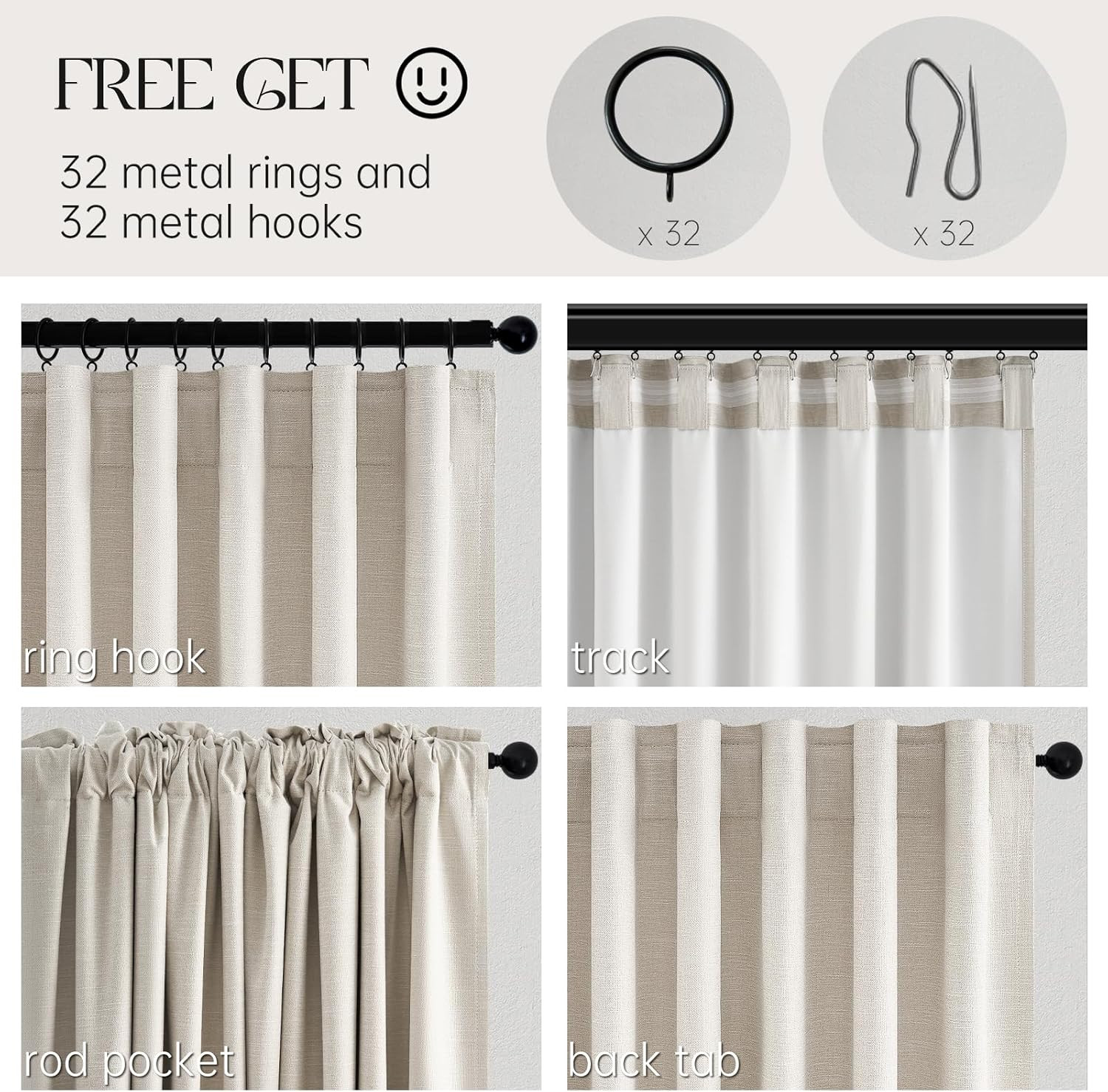 Linen Blackout Curtains 96 Inch Long, Boho Farmhouse Ivory Birch Viral Drapes Pi