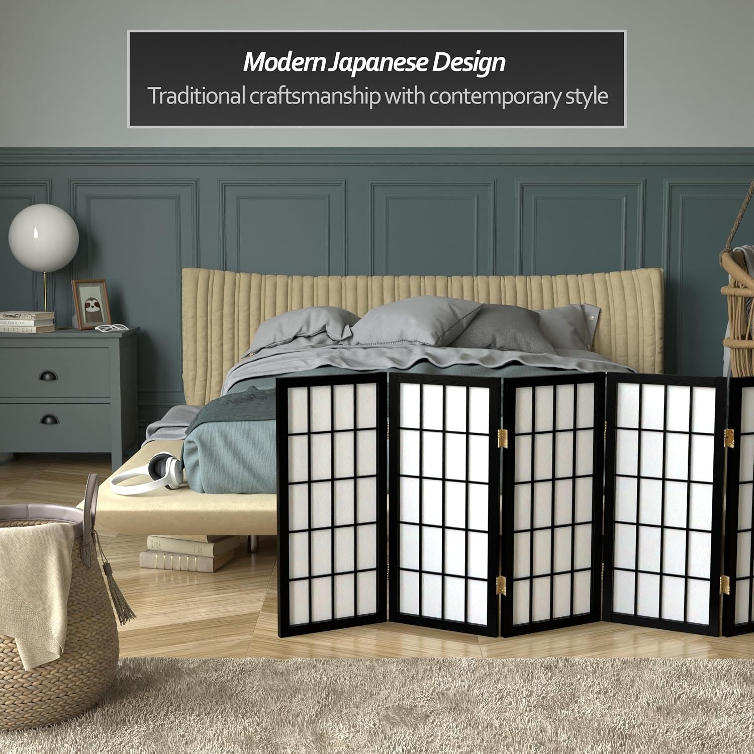 2 ft. Short Desktop Window Pane Shoji Screen – Black – 6 Panels