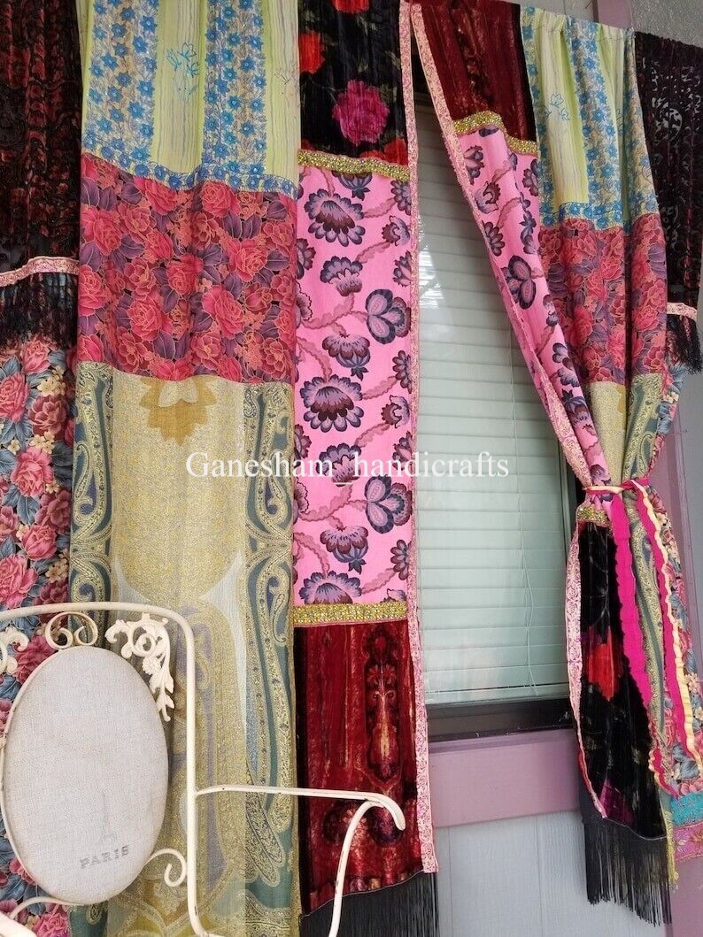Indian Old Recycle Silk Saree Boho Multi Curtain Door Drape Decor Curtain 2Pc