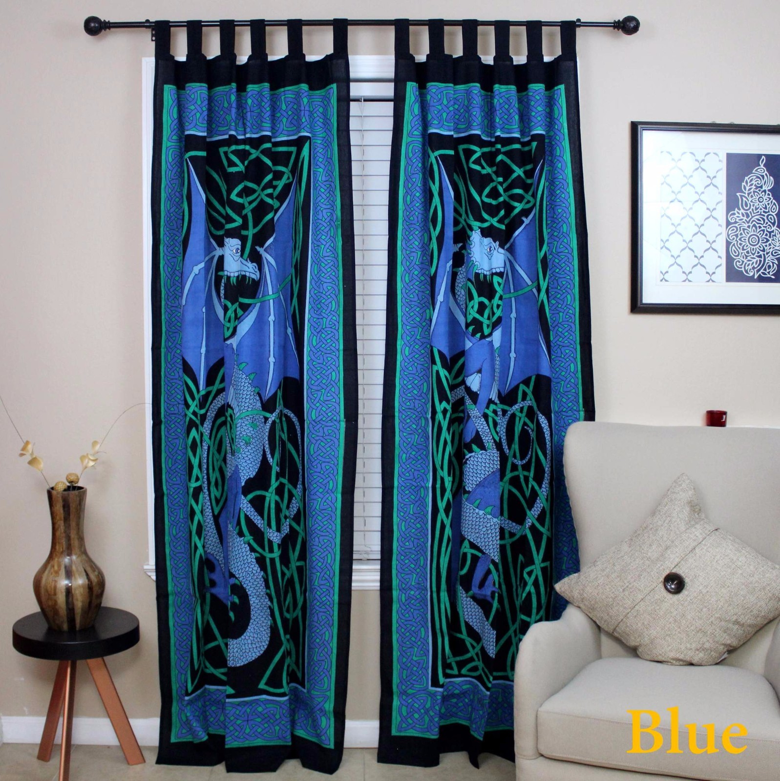 Handmade Celtic Dragon Tab Top 100% Cotton Curtain Drape Panel Blue 44×88 Inches