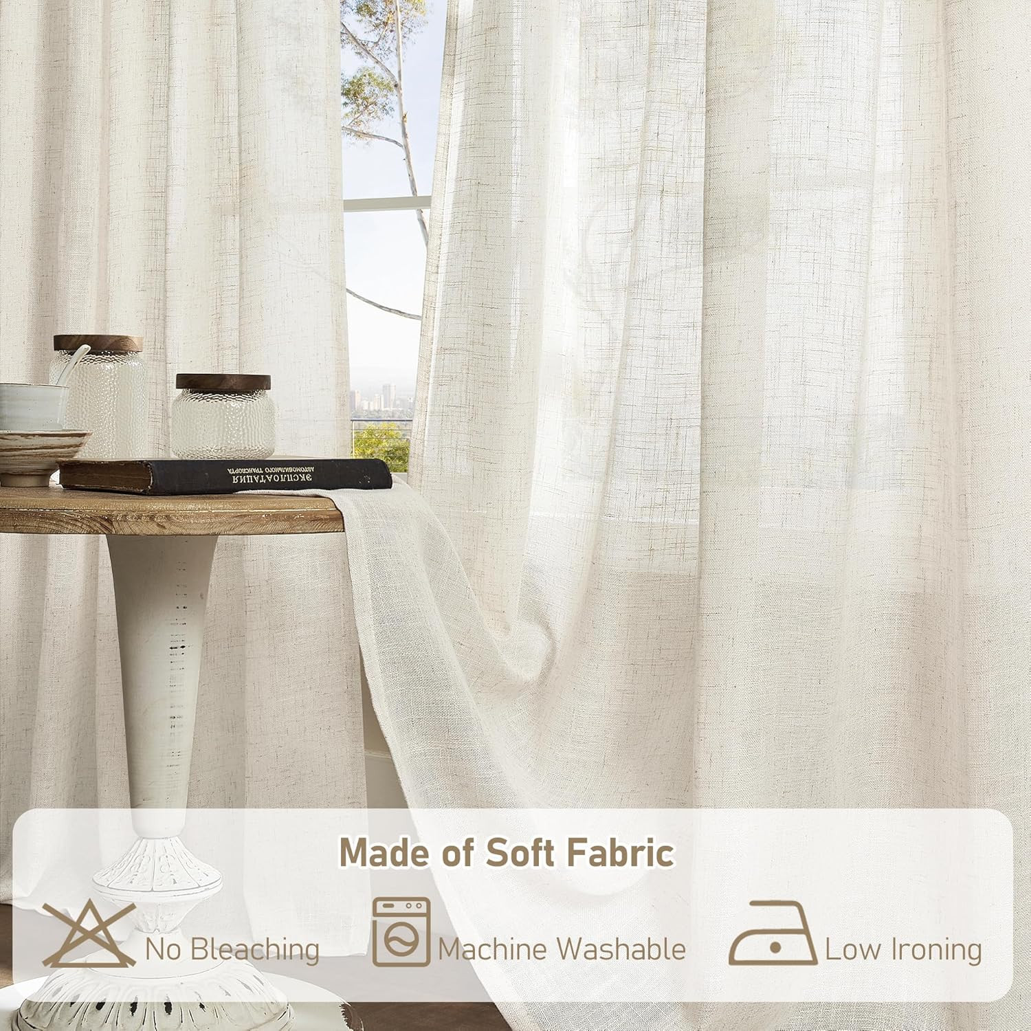 Natural Ivory Semi Sheer Linen Curtains 84 Inch Long, Cream White Light Filterin