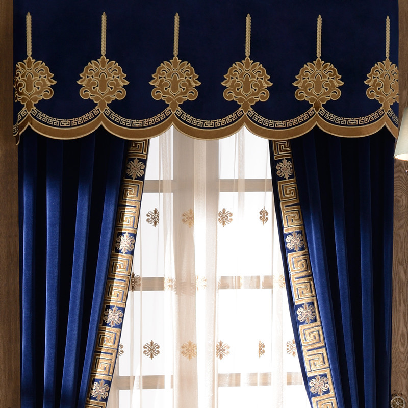 Luxury European American thick flannel embroidery blue cloth curtain tulle E989