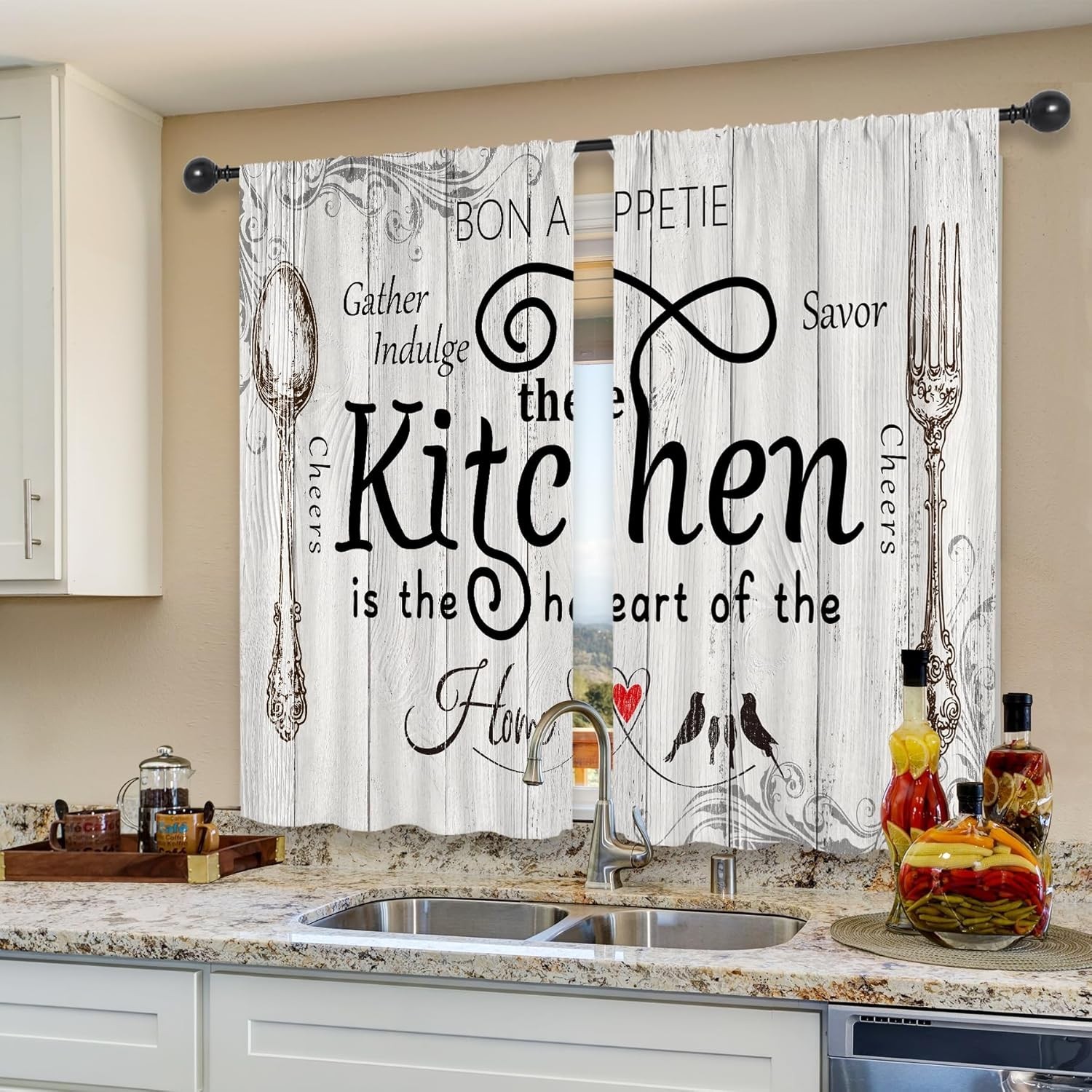 Riyidecor Kitchen Curtains Rustic Farmhouse 55×39 Inch Rod Pocket Country Short