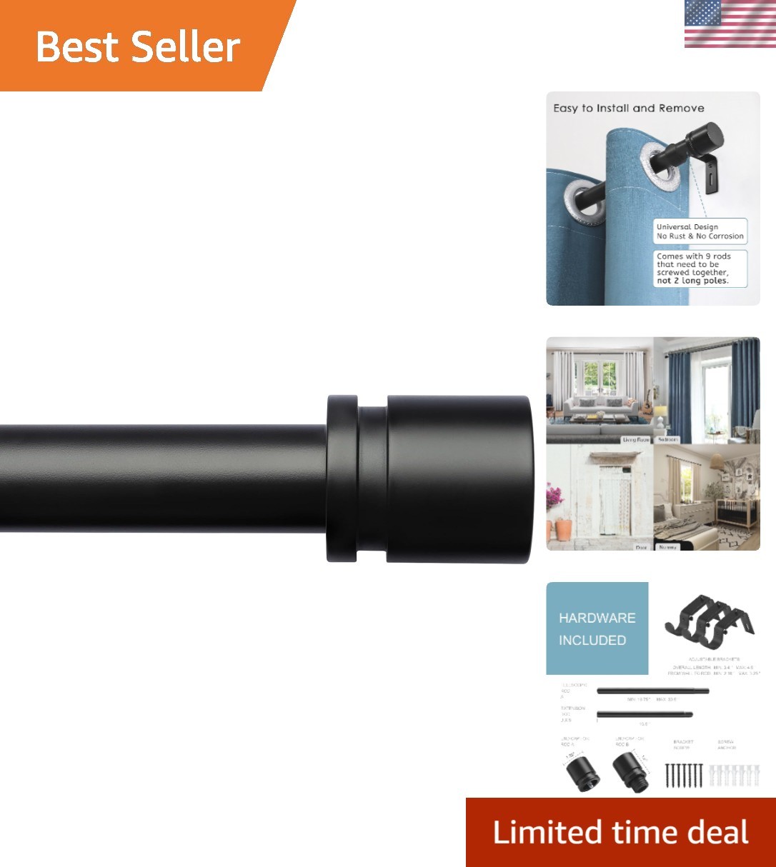 Adjustable Black Curtain Rod 16-144 Inches, Elegant Metal with Aluminium Finials