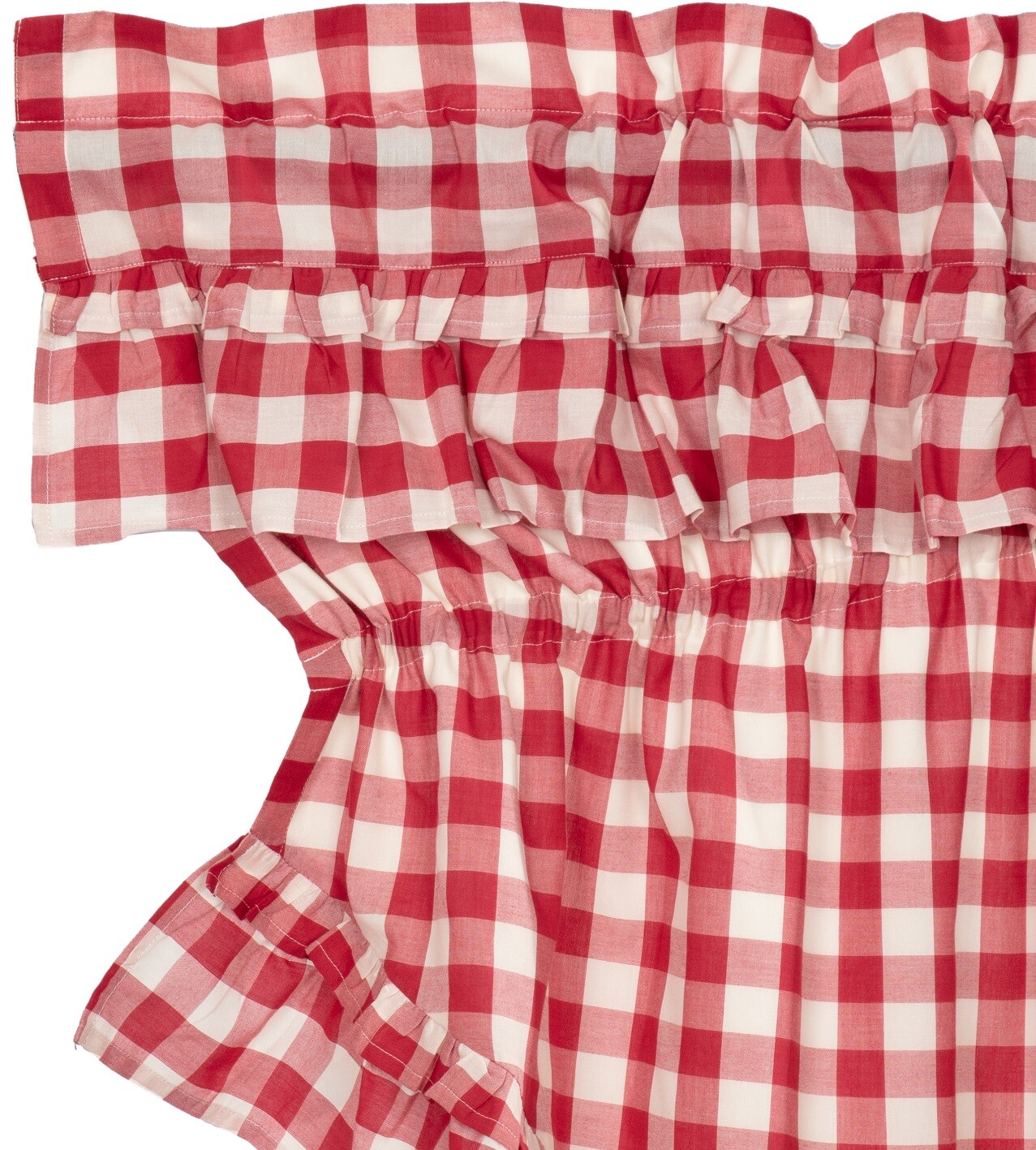 36”L Drawstring Ruffled Country Prairie Swag Set Red Annie Buffalo Check Cotton
