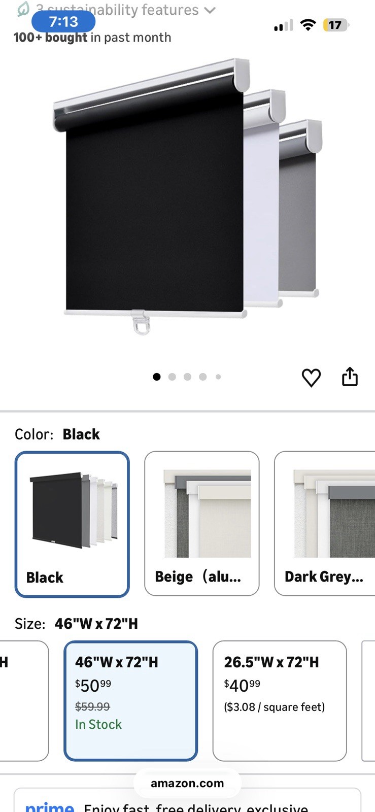 AOSKY Blackout Cordless Roller Shade UV Protection 46″W x 72″H Black