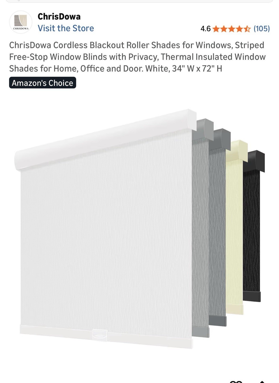 ChrisDowa Cordless Blackout Striped Roller Shade White 34×72 in