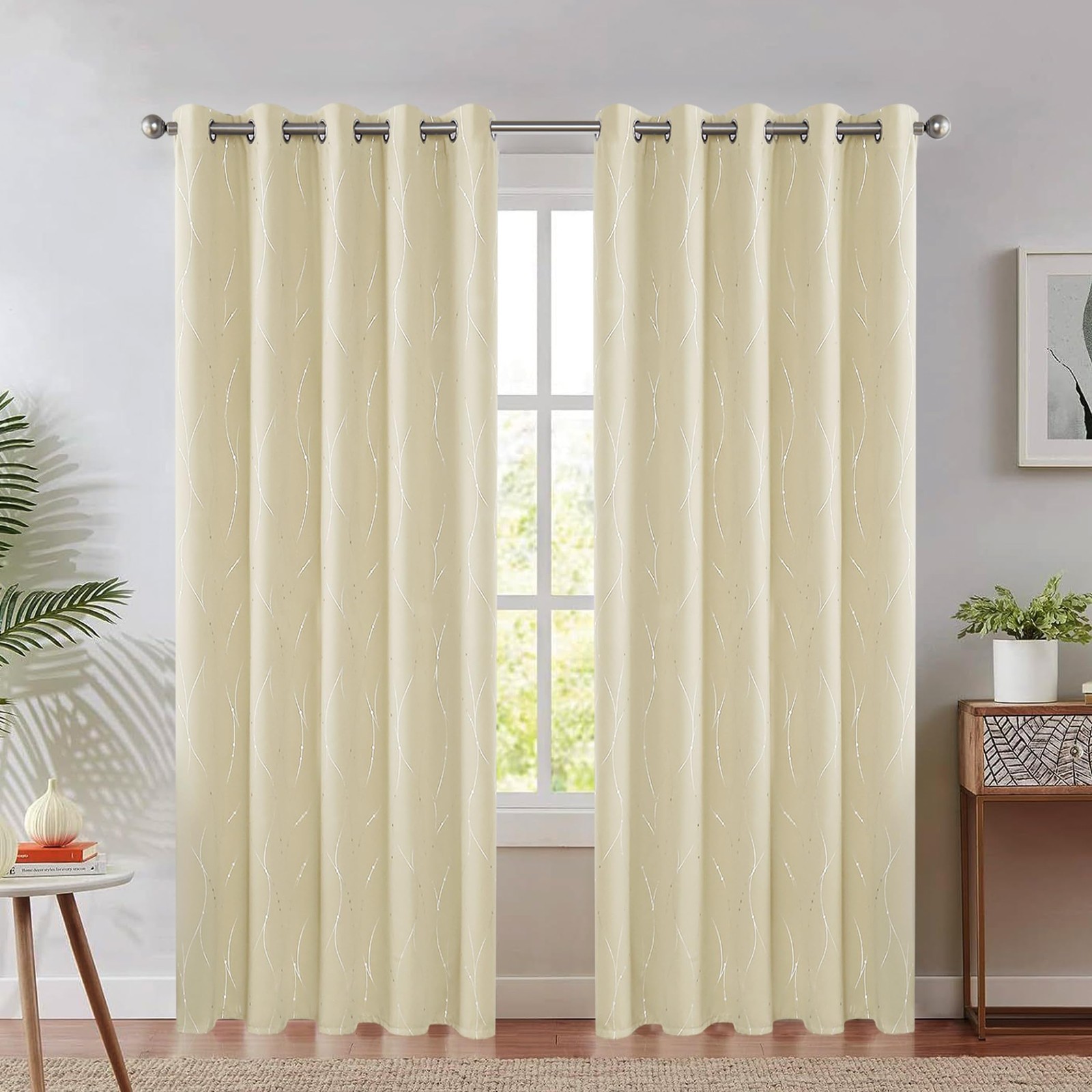 BUHUA Window Treatment Panels DXY 33W×72L Beige Grommet Wave Line Print 1 PANEL