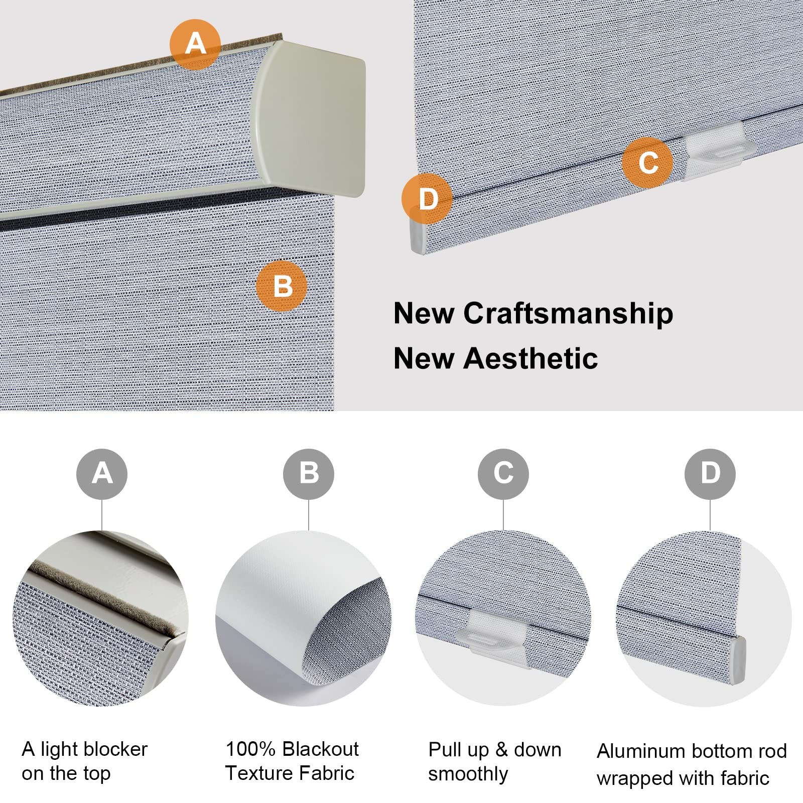 Persilux Free-Stop Cordless 100% Blackout Roller Shades Bluish Grey 70″W x 72″H