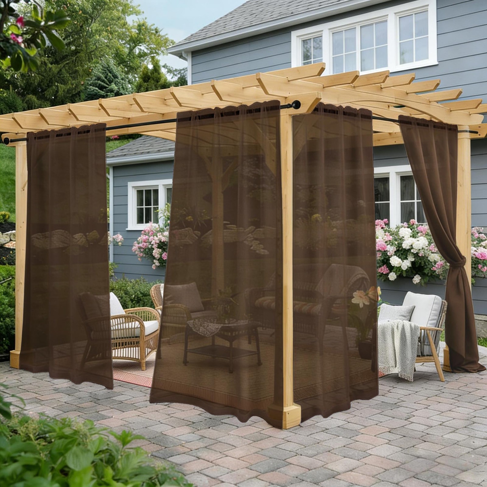 Brown Waterproof Sheer Patio Curtains 52×84, 2-Panels Rod Pocket for Outdoors