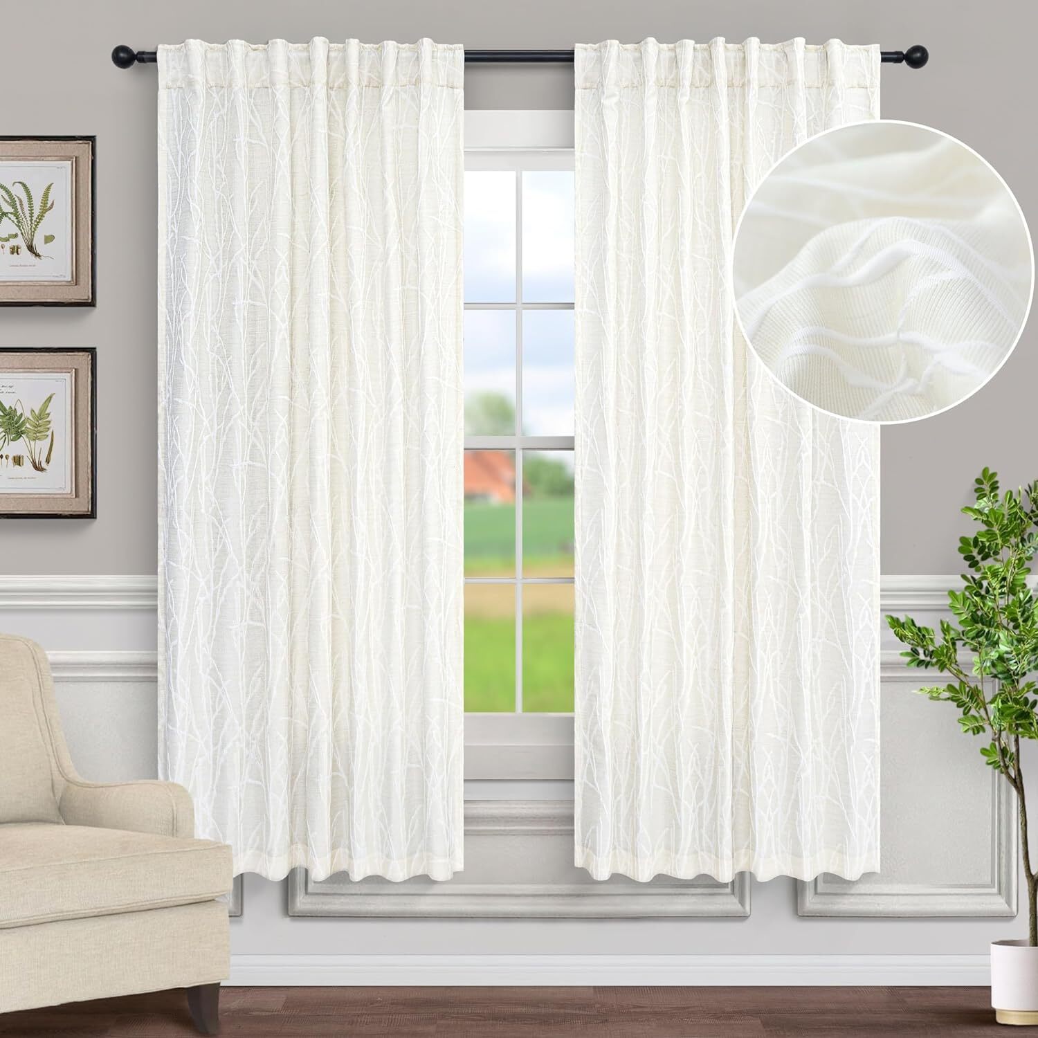 84″ Linen Textured Curtains 2 Panels Gray White Tree Branch Semi Blackout Farmho