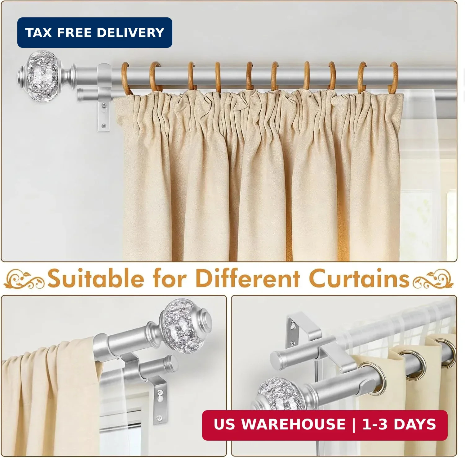 1 Inch Double Curtain Rods 72 to 144 Inches (6 to 12 ft), USFOOK Silver Drapery