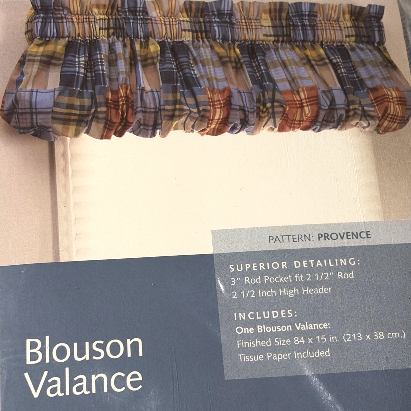 VTG SEARS Whole Home Blouson Valance Periwinkle Blue Plaid Provence 84X15″ NEW