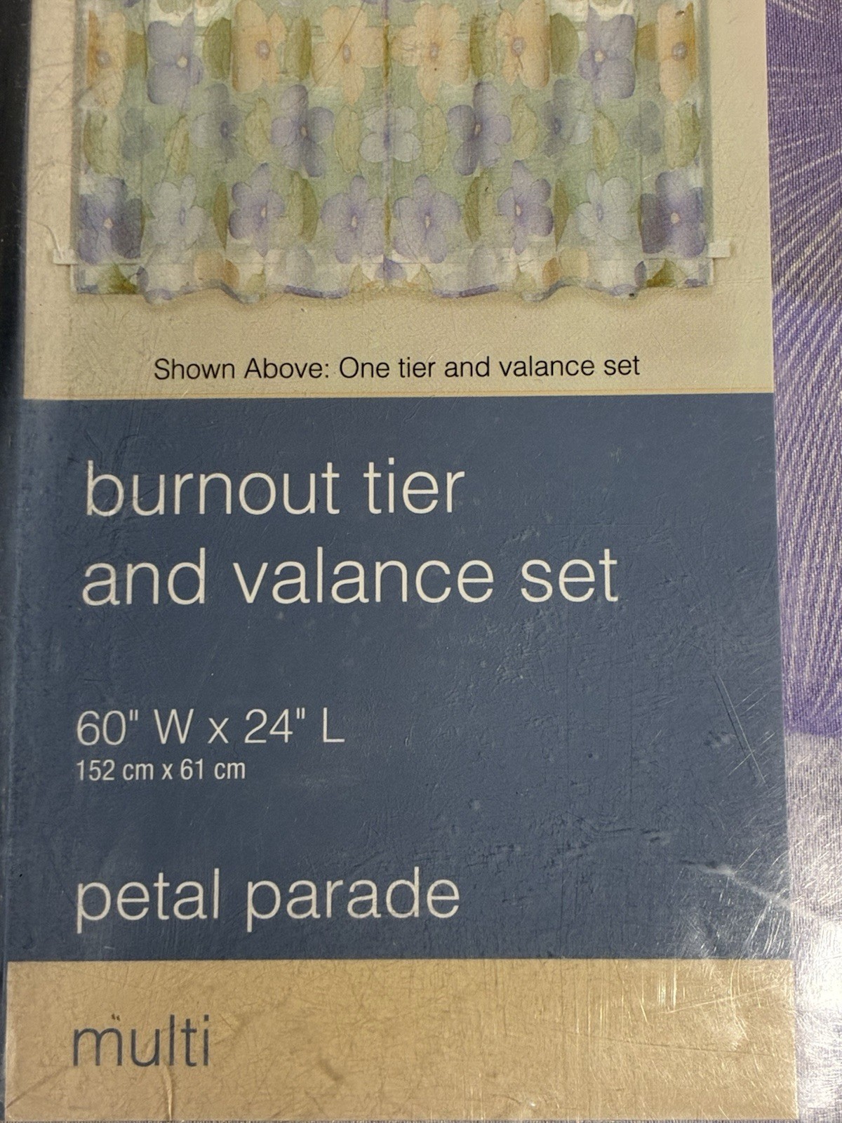 Essential Home Burnout Tier & Valance Set Purple Green Petal Parade 60″ x 24″