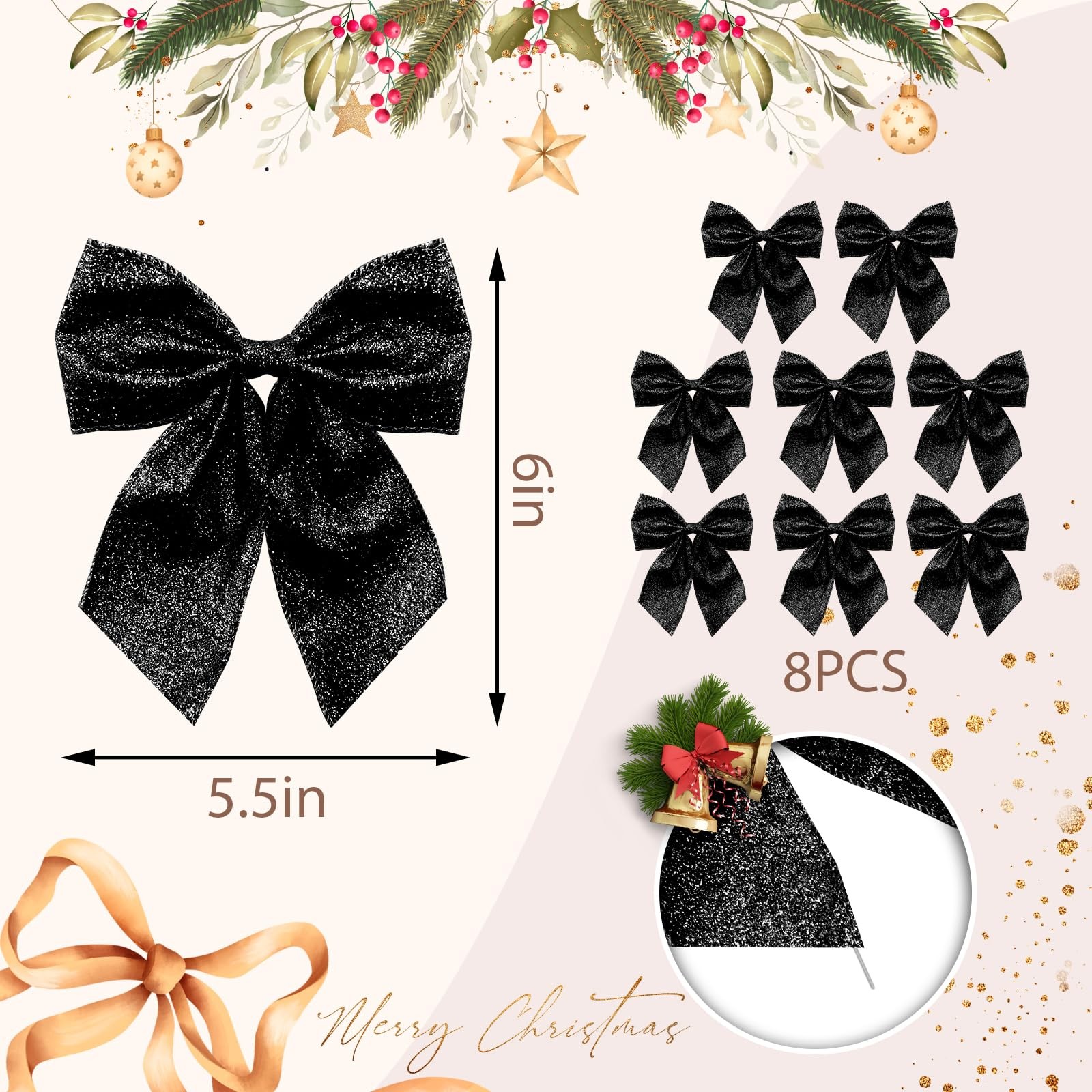 8 PCS Mini Christmas Wreath Bows Front Door Glitter Black Bowknot Decoration