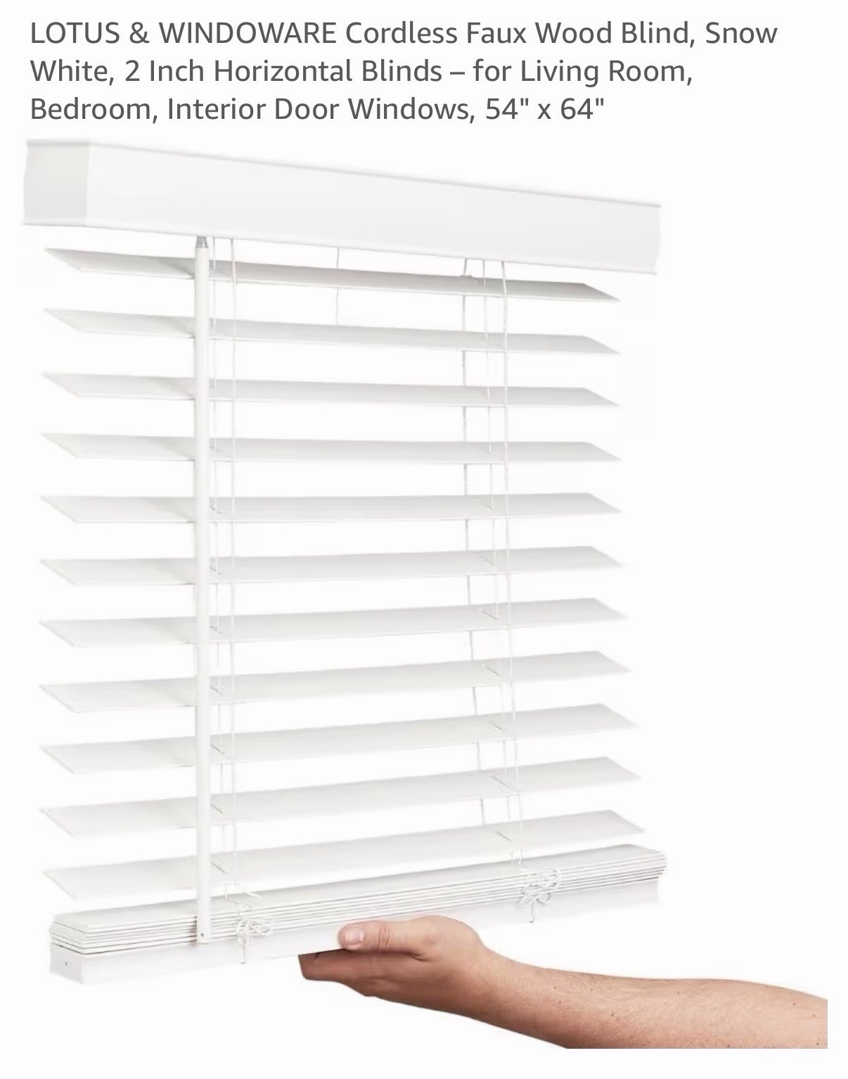 Faux Wood Cordless Blind Snow White 54×66 2in Slats