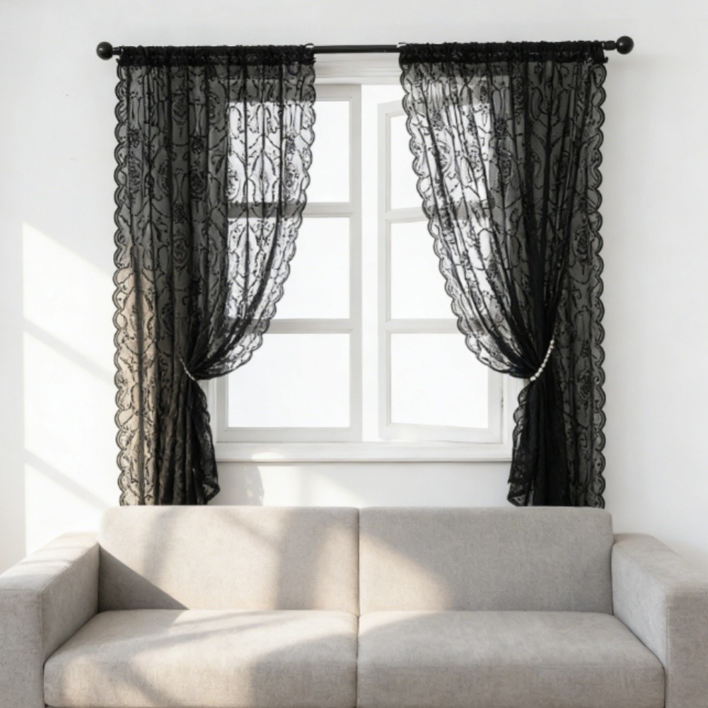 Black Sheer Lace Window Curtains Polyester Fabric European Vintage Style