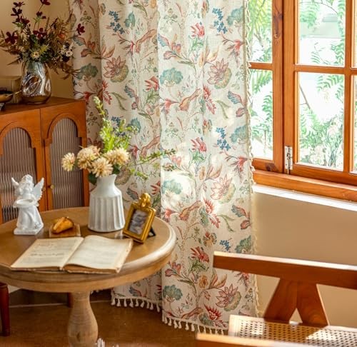 Boho Floral Curtains with Tassel for Bedroom 52″W x 96″L (Pack of 2) Brick Red