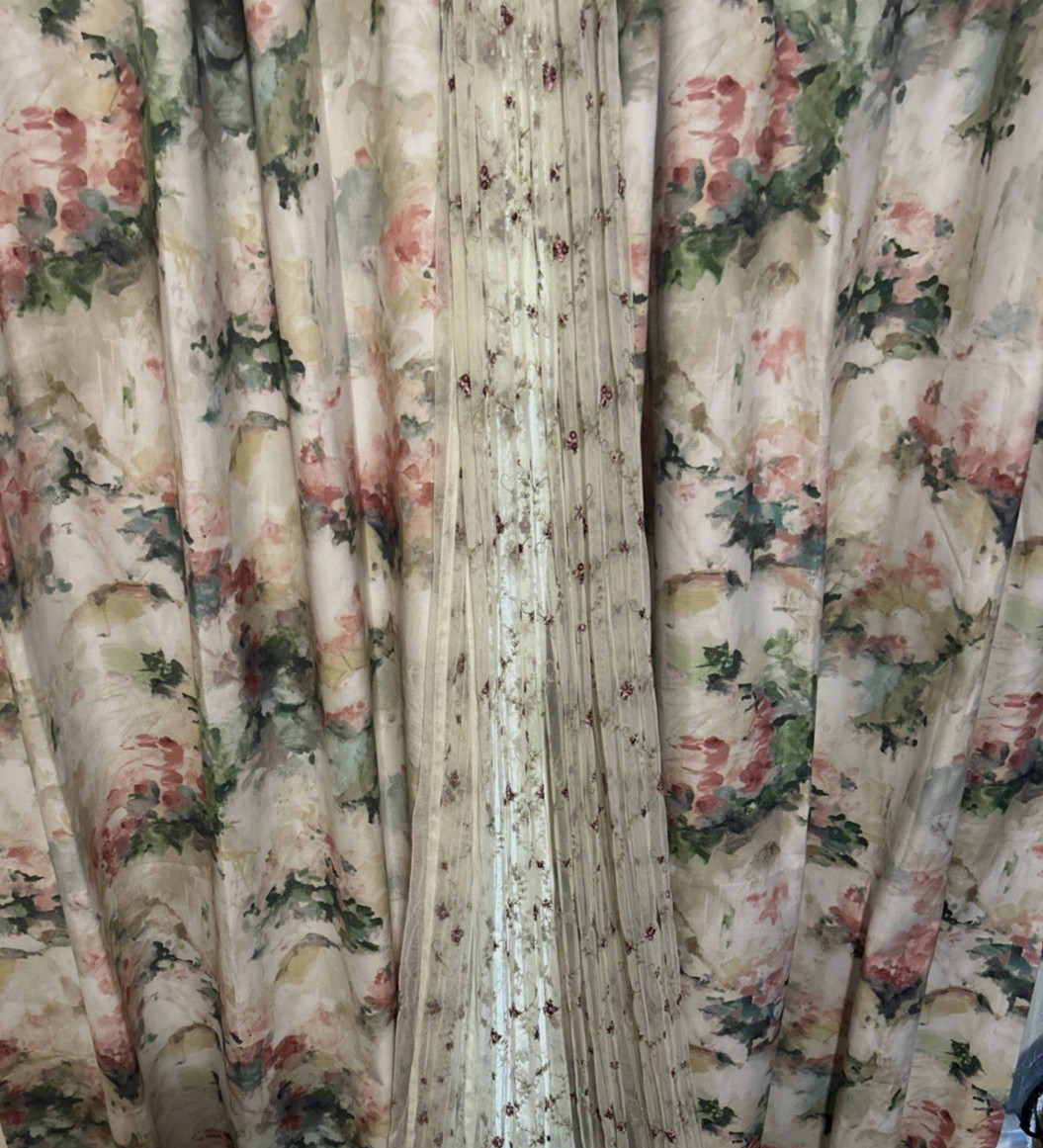 2 Drapes SHOWROOM SAMPLE Modern DEGAS Screenprint Floral in Tea Rose