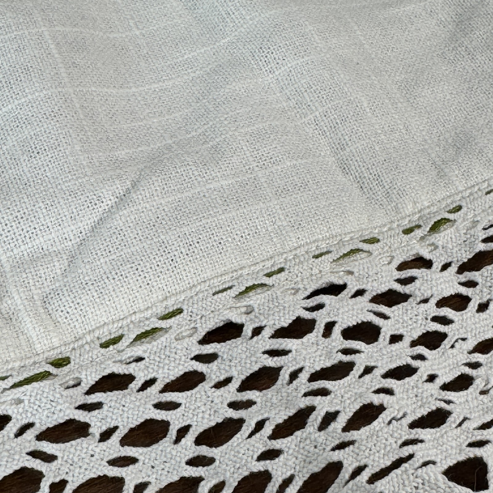 Vintage Style Off-White Linen Blend Valance Tier Curtain with Crochet Lace Trim