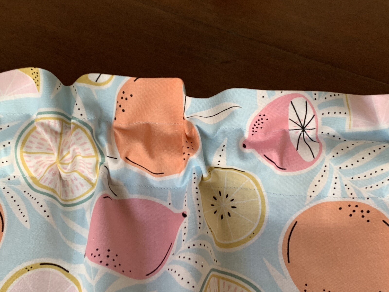 Modern, Contemporary Blue Kitchen Valance with Lemons, Grapefruit, Limes. New