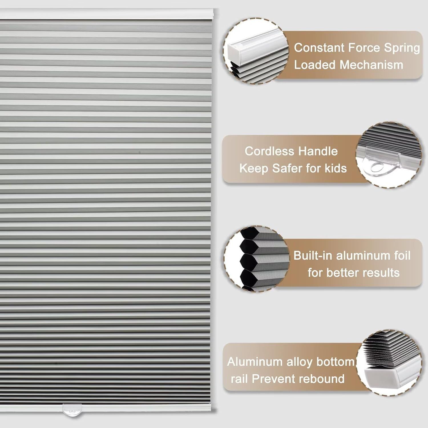 Cordless Blackout Honeycomb Shades, Thermal Insulated, 55″ W X 72″ H, Grey