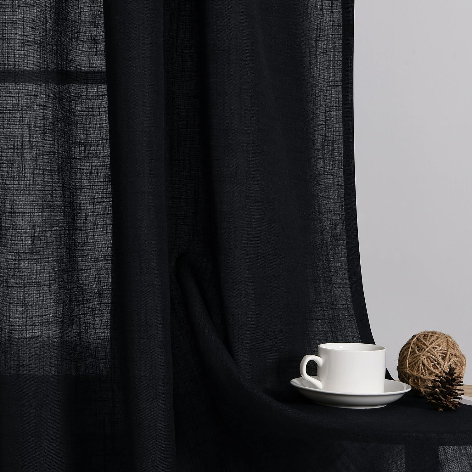 Black Linen Curtains 72 Inch Length for Living Room Bedroom 2 Panels Set Rod Poc