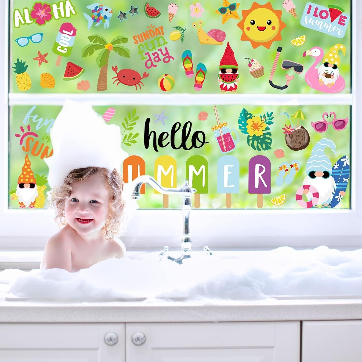 9 Sheets Summer Window Clings Cartoon Gnome Ice Lolly Prints Double-Sided Win…