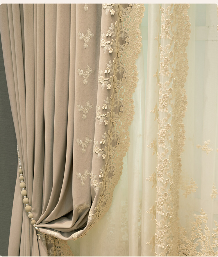 Upscale American embroidered flannelette beige velvet cloth curtain drape C1405*