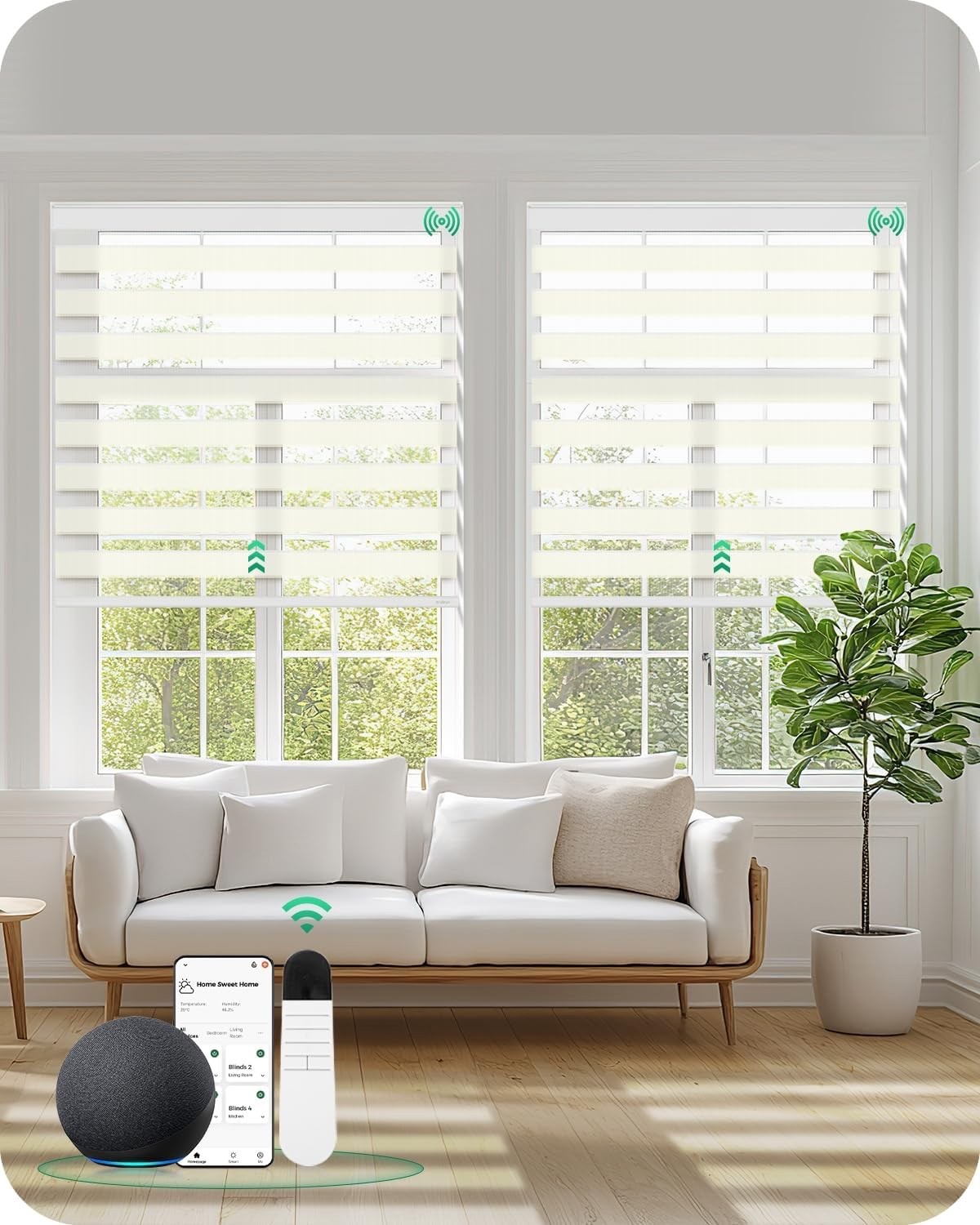 Allesin Motorized Zebra Blinds W/ Remote Electric Dual-Layer 50% Light – 35″x72″