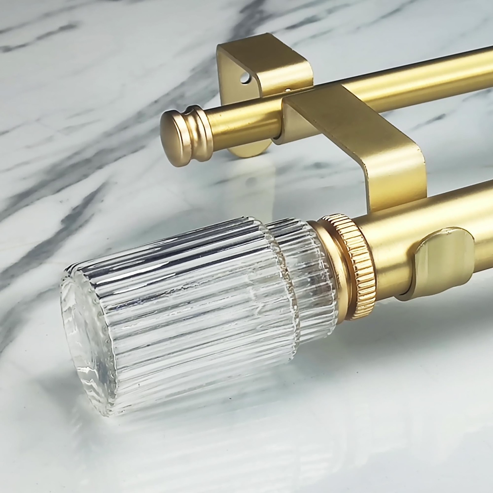 1-1/8 Inch Diameter Gold Curtain Rods with Ribbed Glass Finial, 36-72 inch Te…